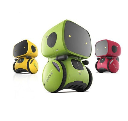 Colorful interactive educational robots for children in yellow, green, and red, designed for voice and touch interaction.