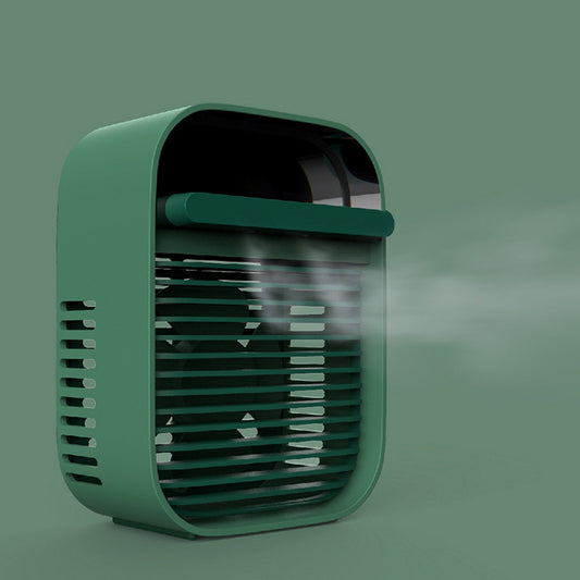 desktop air conditioner fan with water spray releasing a cooling mist