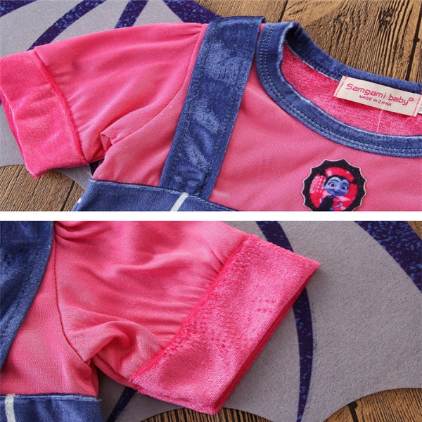 Cute princess Halloween dresses for toddlers featuring a pink short sleeve dress with a blue skirt.