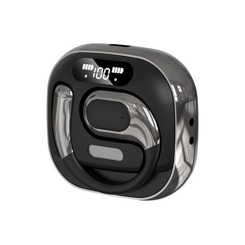 Heavy-bass wireless bluetooth earbuds in black with charging case and digital display.