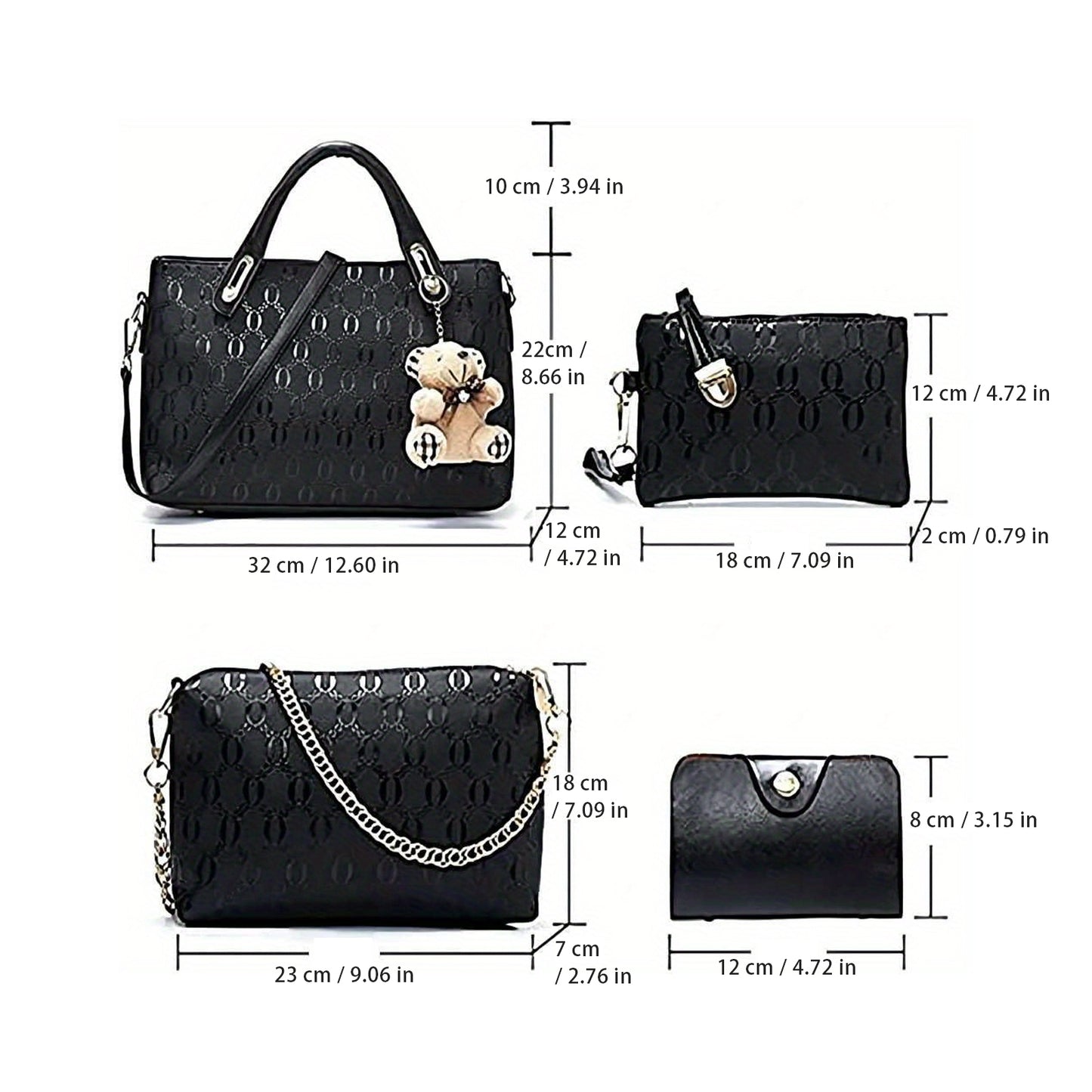 women's PU leather handbag set dimensions with large tote, medium shoulder bag, small purse and card holder