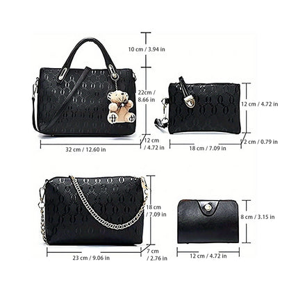 women's PU leather handbag set dimensions with large tote, medium shoulder bag, small purse and card holder