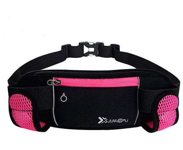 Sports running belt bag for sports in black and pink, featuring a zippered pocket and mesh side pockets.