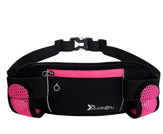 Sports running belt bag for sports in black and pink, featuring a zippered pocket and mesh side pockets.