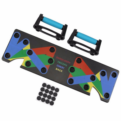 9 in 1 Push up Rack with colorful guides for shoulders, triceps, chest, and back workouts.