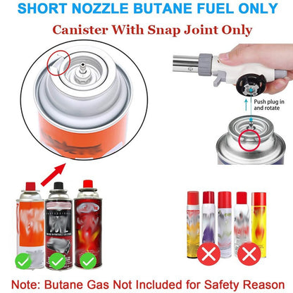 Image showing canisters of butane fuel with a snap joint, highlighting short nozzle and safety warnings.