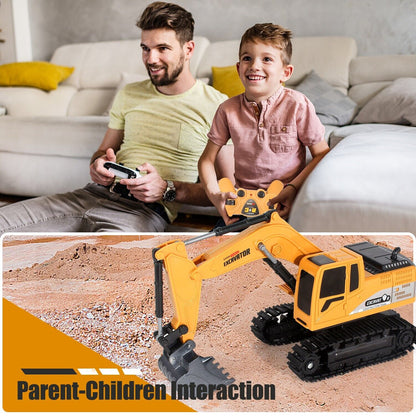 Parent-child interaction with remote control excavator toy, showcasing fun and immersive play experience.