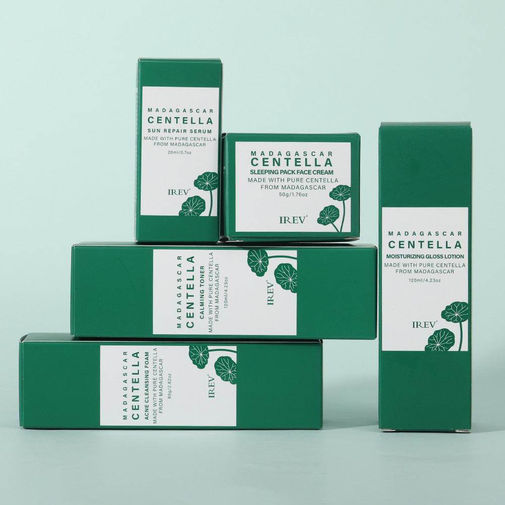Madagascar Centella skincare product image featuring facial skincare cosmetics set in green packaging.
