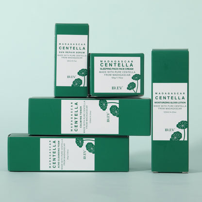 Madagascar Centella skincare product image featuring facial skincare cosmetics set in green packaging.