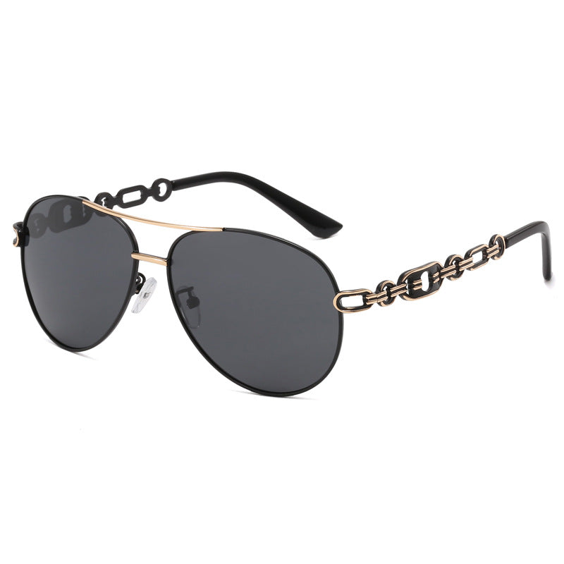New Polarized Two-tone Plated Fashionable Hollow Out UV Protective Sunglasses with chain detail.