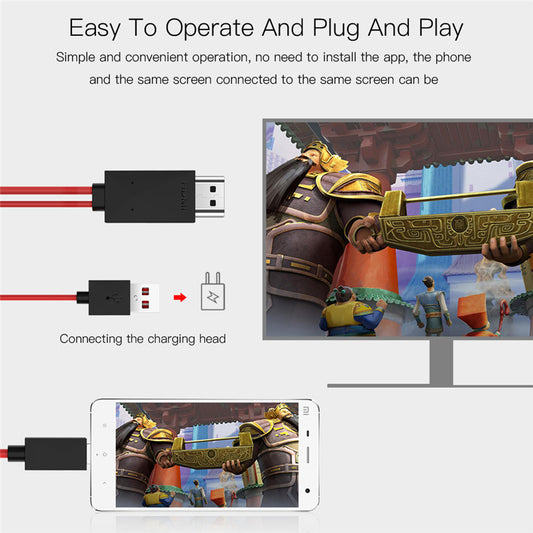 Type-C to HDMI projection cable showing connection between mobile phone and TV for easy screen mirroring.