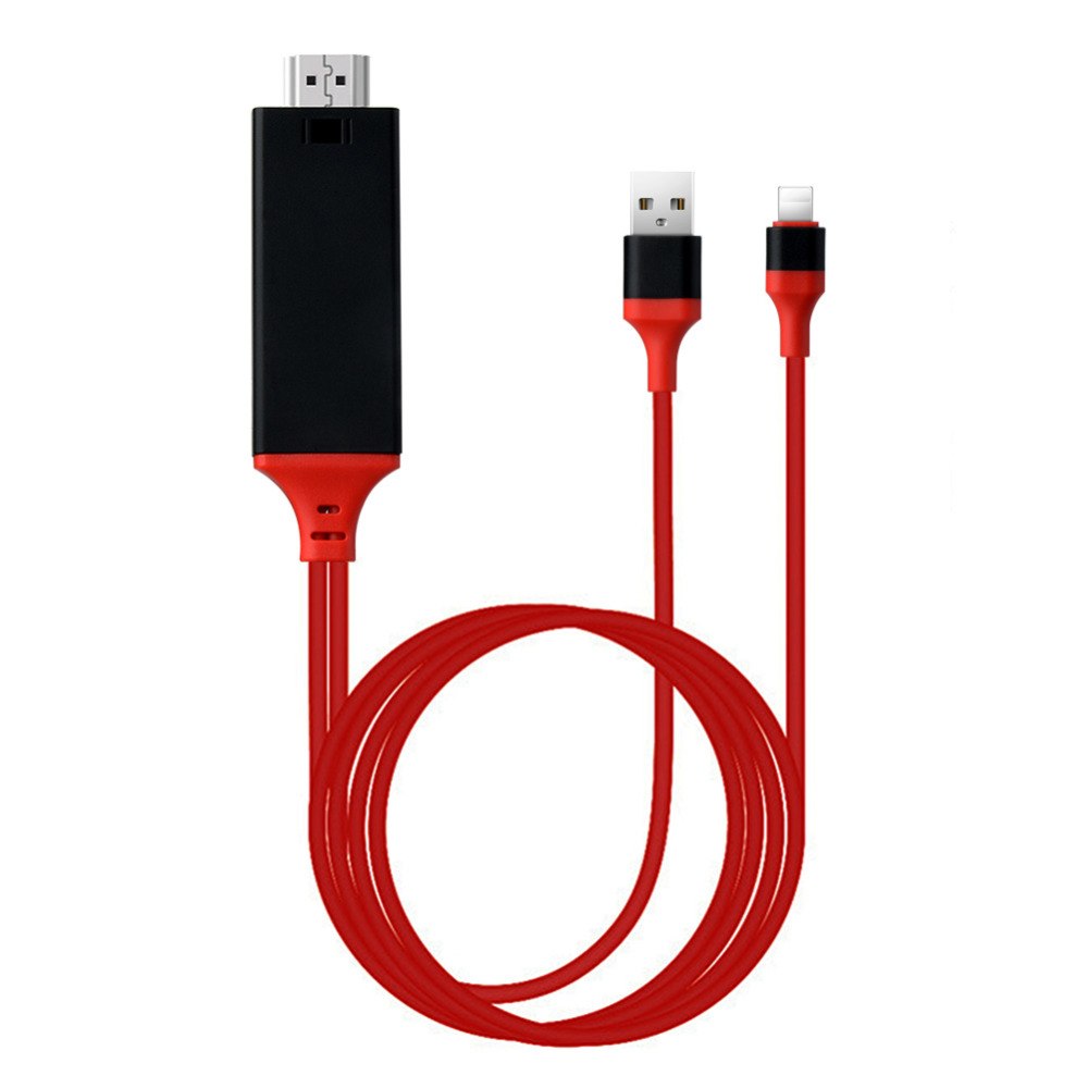 Type-C to HDMI projection cable in red with USB and Lightning connectors for mobile phone projection.
