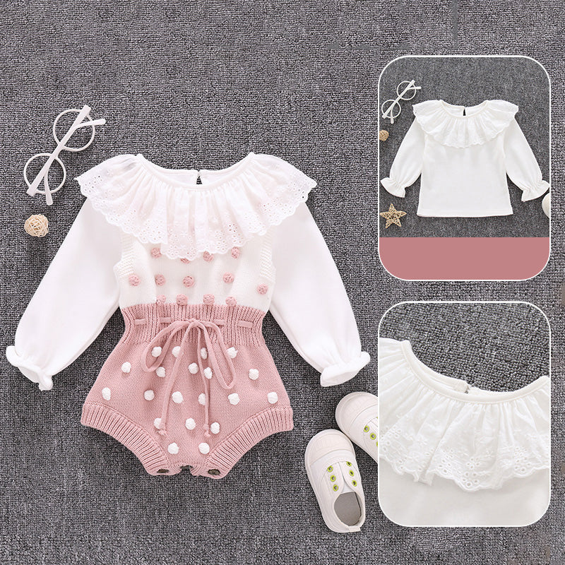 100% cotton baby clothes set featuring a long sleeve romper with ruffles and polka dots design.