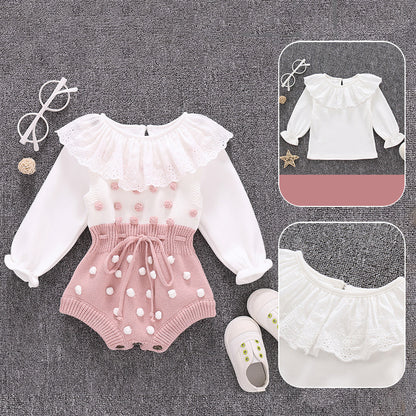 100% cotton baby clothes set featuring a long sleeve romper with ruffles and polka dots design.