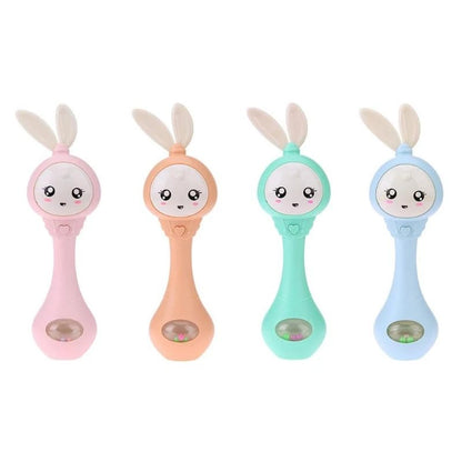 Baby educational teething toy set featuring colorful molar music sticks with bunny ears for toddlers.