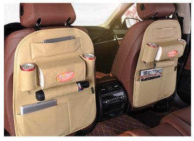 Leather car seat organizer installed on car seats with multiple storage pockets for drinks and essentials.