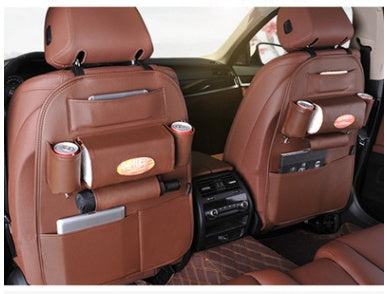 Leather car seat organizer displayed on car seats, showcasing storage for drinks, phones, and accessories.