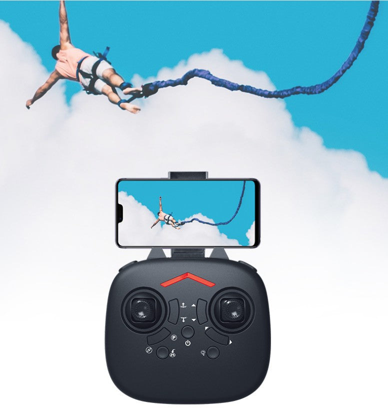 WiFi FPV RC motorcycle drone remote control with smartphone display and a bungee jumper in the background.