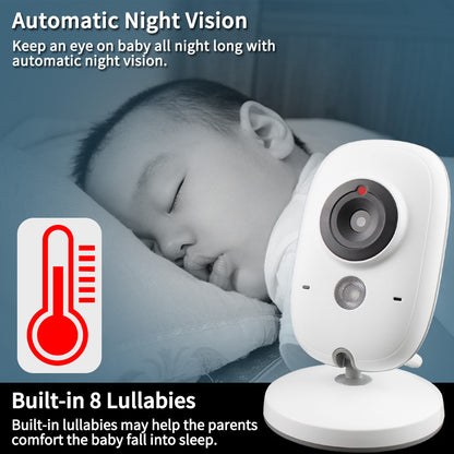 3.2 inch digital baby monitor with two-way intercom showing automatic night vision and built-in 8 lullabies feature.