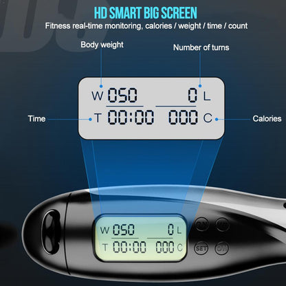 HD smart big screen for cordless jump rope with counter showing fitness stats: calories, body weight, time, and number of turns.