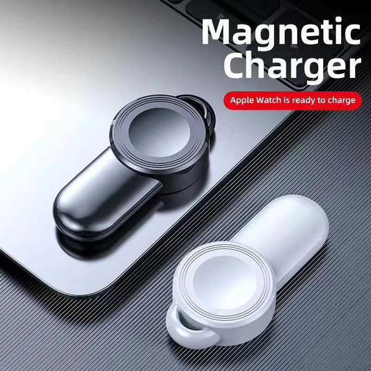Magnetic charger for portable wireless charger for watch in black and white colors.