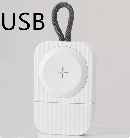 USB wireless charger, portable wireless charger for watch, fast charging, sleek white design.