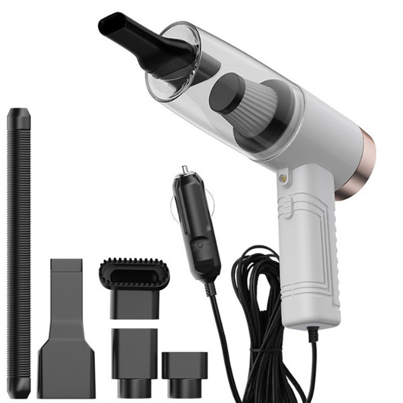 Powerful mini car vacuum cleaner with multiple attachments for home and car use.
