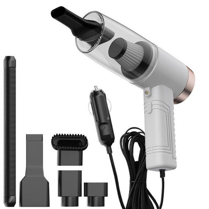 Powerful mini car vacuum cleaner with multiple attachments for home and car use.