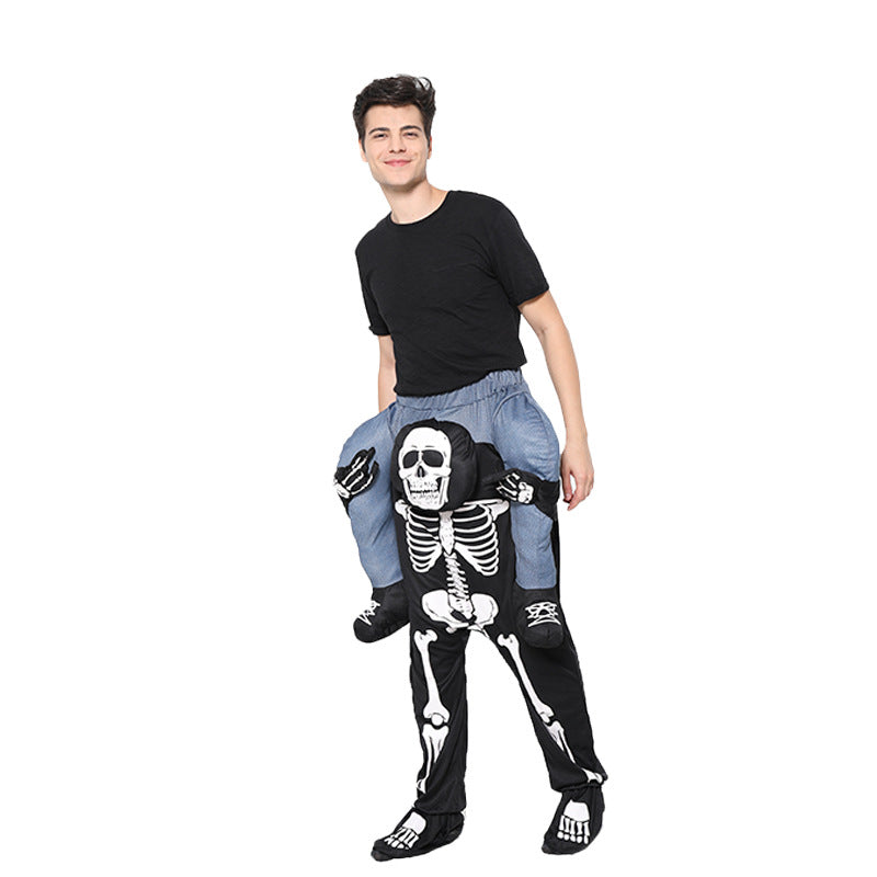 A person wearing a skeleton rocking horse costume for Halloween, featuring a playful skeleton design.