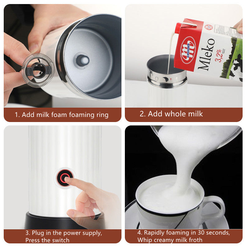 Steps to use electric milk frother and heater: Add milk, plug in, and whip creamy froth in 30 seconds.