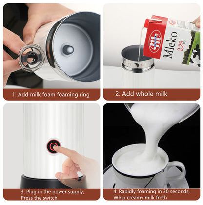 Steps to use electric milk frother and heater: Add milk, plug in, and whip creamy froth in 30 seconds.