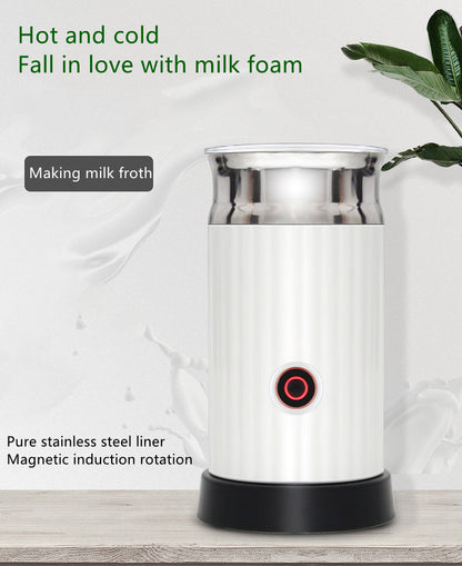 Electric milk frother and heater with stainless steel liner for making milk froth.