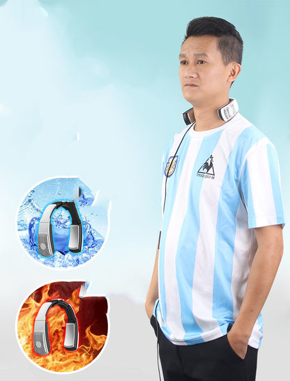 Wearable air conditioner neck protector shown in use, providing cooling and heating options for comfort.