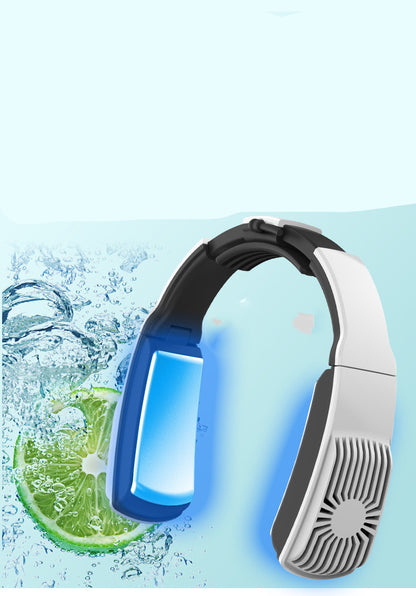 Wearable air conditioner neck protector shown in sleek design with water and lime background.