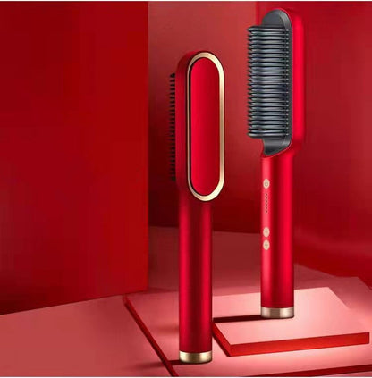 2-in-1 Negative Ion Hair Straightener Comb in sleek red design on a vibrant background.