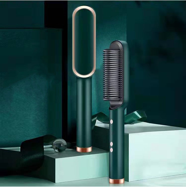 2-in-1 Negative Ion Hair Straightener Comb on a green background with sleek design and advanced features.