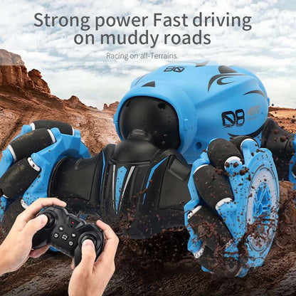 Gesture sensing remote control car on muddy roads showcasing strong power and fast driving capabilities.