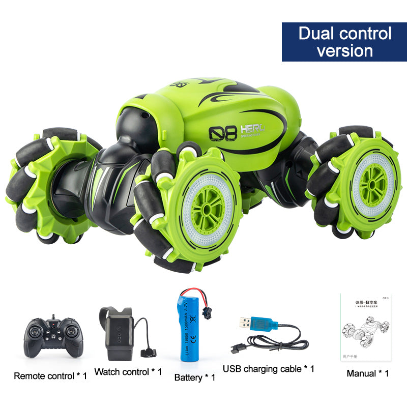 Gesture sensing remote control car in bright green with dual control, battery, and remote accessories displayed.