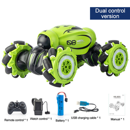 Gesture sensing remote control car in bright green with dual control, battery, and remote accessories displayed.