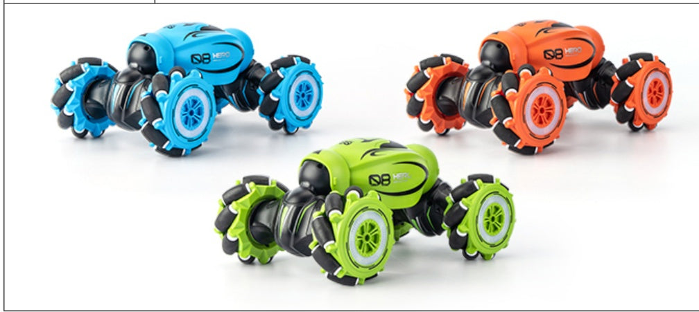 Gesture sensing remote control car in blue, green, and orange colors showcased on a white background.