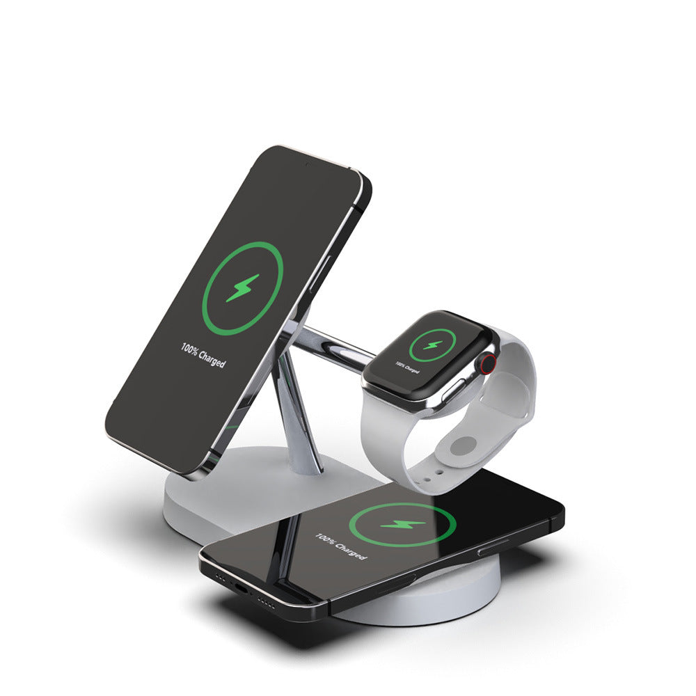 Multifunctional 5-in-1 magnetic wireless charger with iPhone, Apple Watch, and AirPods charging stations.