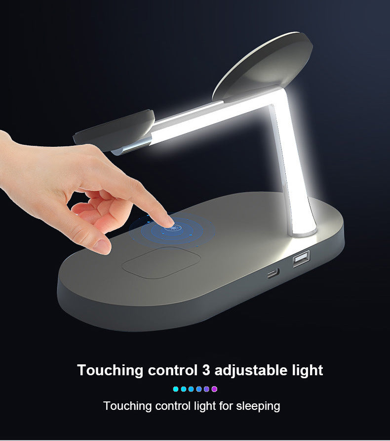 Multifunctional Five-In-One Magnetic Wireless Charging Watch Headset Desktop Mobile Phone Holder Charger with touch control for adjustable light.