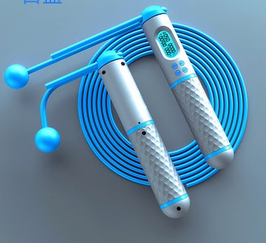 Cordless Digital Jump Rope in blue, featuring a digital display and ergonomic handles for convenient fitness workouts.