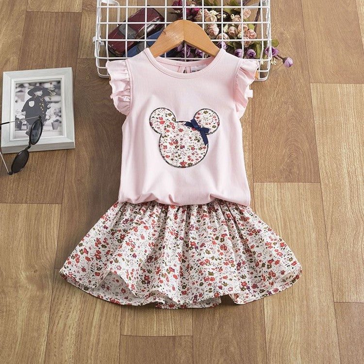 Infant holiday girls dress featuring a cute pink top with a mouse design and floral skirt, perfect for casual outings.