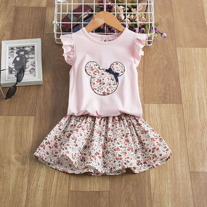 Infant holiday girls dress featuring a cute pink top with a mouse design and floral skirt, perfect for casual outings.