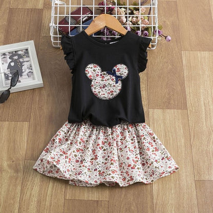Clothing Baby Outfit Infant Holiday Kids Girls Dress featuring a floral Mickey Mouse design in black and white.
