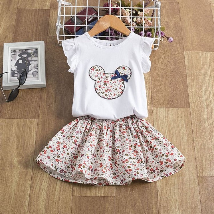 infant holiday girls dress featuring a floral skirt and Mickey Mouse graphic tee for summer fun.