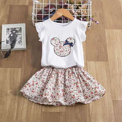 infant holiday girls dress featuring a floral skirt and Mickey Mouse graphic tee for summer fun.