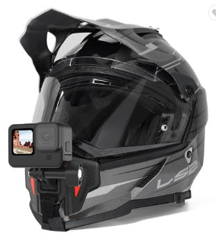 GoPro motorcycle helmet chin strap mount attached to a black helmet with camera for recording.
