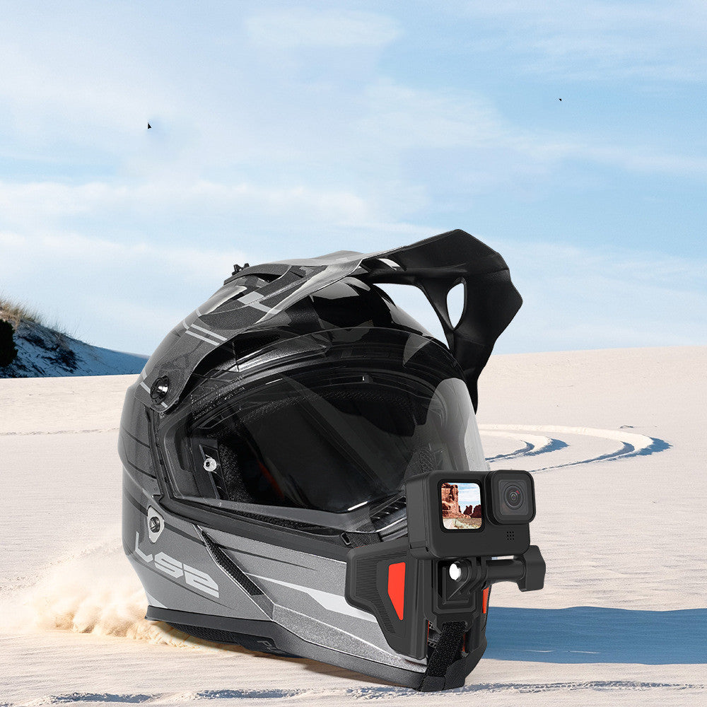 motorcycle helmet chin strap mount attached to a motorcycle helmet in a sandy landscape.